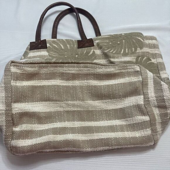 J Jill Purse Large Tan Fabric Handbag Hobo Bag Boho Tropical Leaves Lightweight - Picture 10 of 10